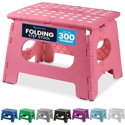 Image of Handy Laundry Folding Step Stool The Lightweight is Sturdy Enough to Support Adults and Safe for Kids. Opens Easy with One Flip. Great Kitchen, Bathroom or Bedroom. (Pink)