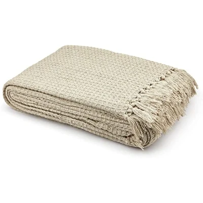 Image of Stylemybedroom 100% Cotton Woven Honeycomb Waffle Sofa/Bed Throw (Beige, 127cm x 152cm (50&quot; 60&quot;))