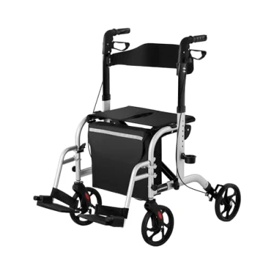 Image of Uniprodo Silver Aluminium 2 in 1 Rollator Wheelchair, 136kg, Adjustable 85.5 98cm, 4 Wheels, Backrest, Carry Bag, UNI_ROLL_03