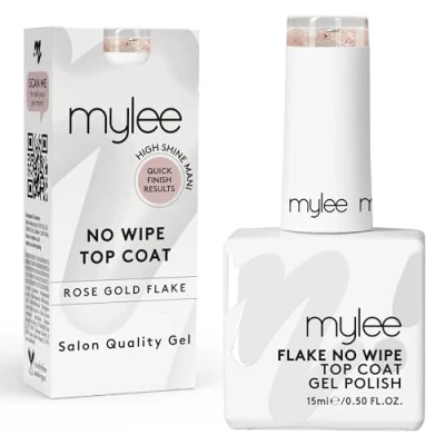 Image of Mylee Nail Gel Polish Flake No Wipe Top Coat 15ml, UV/LED Soak Off Art Manicure Pedicure, Professional, Salon &amp; Home Use, Long Lasting, Easy to Apply, Chips, Durable Safe (Rose Gold Flake)