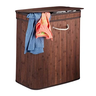 Image of Relaxdays Lidded Laundry Hamper, 2 Compartments, Partitioned Bag, Ventilated, 72 litres, Bamboo Basket, Brown, 62 x 55 35 cm