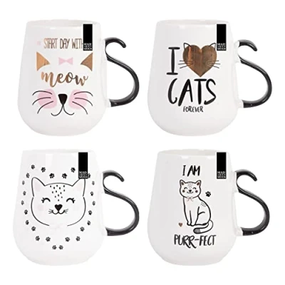 Image of YöL Set Of 4 Cat Design Mugs New Bone China Coffee Tea Cups Meow Paws Purrfect 350ml Home Kitchen Lovers