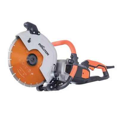 Image of Evolution Power Tools R300DCT 300 mm Concrete Saw 2400 W Motor, No Gas, Incl Diamond Masonry Blade, 230V, Domestic Use, Orange, 115 Cut