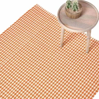 Image of HOMESCAPES 100% Cotton Gingham Rug Handwoven Orange White 110 x 170 cm Check Large for Living Room Bedroom and Hallway
