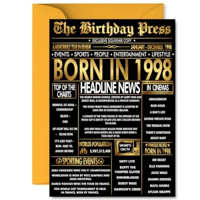 Image of Gold 27th Birthday Card for Men Women Black &amp; Golden Newspaper Born in 1998 Happy 27 Cards Cousin Sister Niece Son Auntie Husband, A5 Bday Greeting