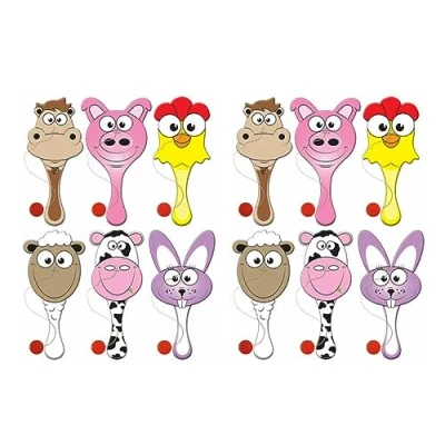 Image of Quickdraw 12 x Farm Wooden Paddle Bats Farmyard Biff Kids Party Bag Fillers Pinata Toys With Ball &amp; String