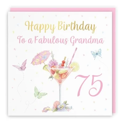 Image of Hunts England 75th Grandma Pink Cocktail And Butterflies Birthday Card Luxury Gold Foil Milo&#039;s Gallery Age 75 Drinks, Flowers, Hearts Elegant For Seventy Five