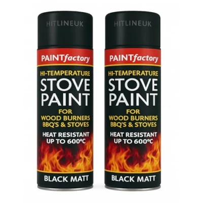 Image of HitlineUK 2 X BBQ Paint 400ML MATT BLACK SPRAY HEAT RESISTANT Stove