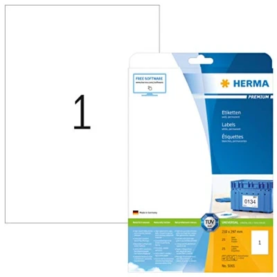 Image of HERMA Self Adhesive Multipurpose Labels, 1 Label per A4 Sheet, 25 Sheets, 210 x 297 mm, Blank Universal Labels Stickers, Sticky for Laser &amp; Inkjet Printer, White