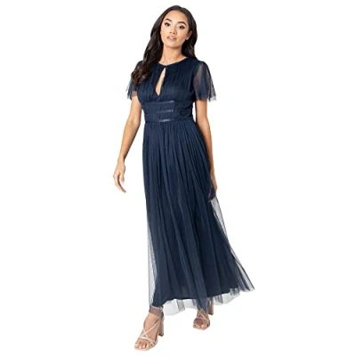 Image of Anaya with Love Ladies Midaxi Dress for Women High Waist Keyhole Short Flutter Sleeve Crew Neckline Wedding Guest Bridesmaids Prom Navy Blue Size 20