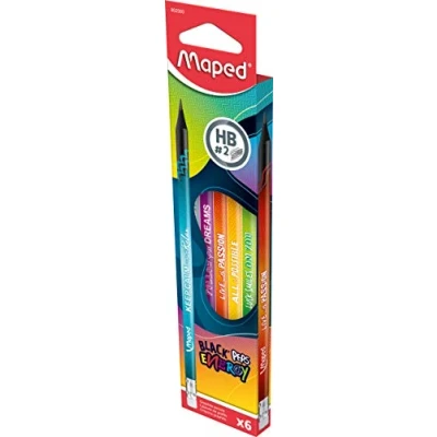 Image of Maped 852000 Egonomic Three Sided Pencils Black&#039;Peps Energy with Eraser Head HB Medium x6 Pens, Pack of 6