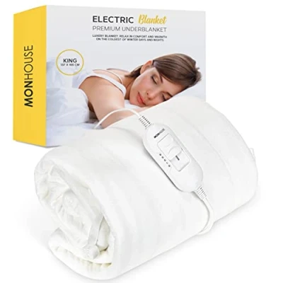 Image of MONHOUSE Premium Soft Fleece Electric Blanket Heated Under Mattress Cover Detachable Controller &amp; Machine Washable 3 Heat Settings King Size 137x165cm White