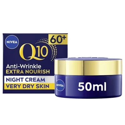 Image of NIVEA Q10 Anti Wrinkle 60+ Extra Nourishing Night Cream (50ml), Enriched Moisturiser for Mature Skin, Softening with Argan Oil