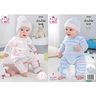 Image of King Cole 5725 Knitting Pattern Baby Cardigan Trousers All in One Hats Cherish and Cherished DK