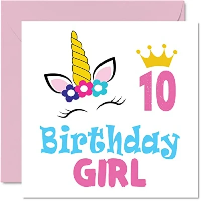 Image of 10th Birthday Card Girl Unicorn Happy 10 Year Old Girl, Girls Cards for Her, 145mm x Greeting Daughter Niece Granddaughter Kid Children