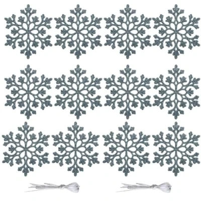 Image of 12 Pieces Glitter Snowflake Hanging Decorations, 10CM Christmas Tree Xmas Ornaments Winter Party Wedding Decor, Ice Blue