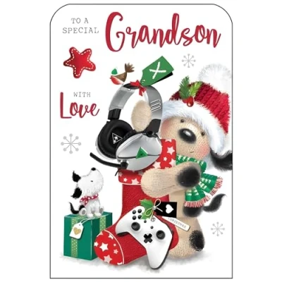 Image of Grandson Christmas Card Special Dog and Gaming Gadgets Festive Design Finishes Illustrated Insert Leaf Made in the UK