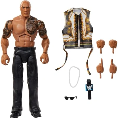 Image of Mattel WWE Elite Action Figure &amp; Accessories, Series #115 6 inch Collectible The Rock with 25 Articulation Points Swappable Hands