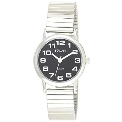 Image of Ravel Women&#039;s Easy Read Watch with Big Numbers on Stainless Steel Expander Bracelet Silver Tone/Black Dial