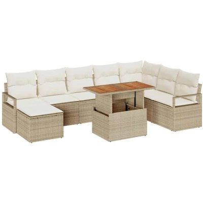 Image of vidaXL 9 Piece Garden Sofa Set with Cushions Beige Poly Rattan Acacia