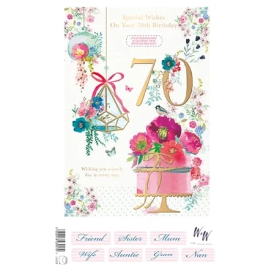 Image of Words and Wishes Female 70th &#039;Happy Birthday&#039; Card Age 70 Can be Personalised For Wife, Mum, Sister, Auntie, Gran, Nan Friend Pretty Design with Flowers Cake Foil Finish