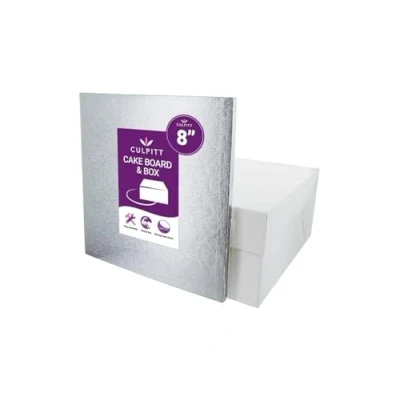 Image of Culpitt 8&quot; Square Silver Cake Drum Board &amp; White Box Combo, 8 Inch and Matching Set For Transport