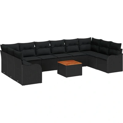 Image of vidaXL 10 Piece Garden Sofa Set with Cushions Black Poly Rattan Acacia