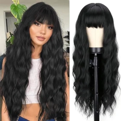 Image of YEESHEDO Long Black Wigs for Women Natural Curly Wavy Synthetic Hair Wig with Fringe Girls Cosplay Party or Everyday Wear