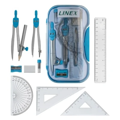 Image of Linex Blue Geometry Set, Maths Set for Exams, Secondary School, 10 Pieces, Compasses, Protractor