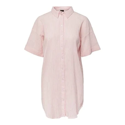 Image of PIECES Women&#039;s Pcterra Ss Long Shirt Bc Blouse, Begonia Pink/Stripes: Cloud Dancer, M