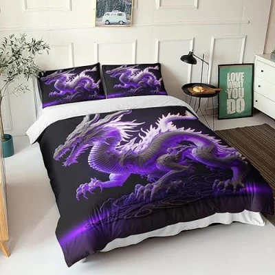 Image of GEEYOU Brave Dragon Duvet Cover 3D Printed Bedding Cartoon Quilt with Pillowcases Soft Microfiber Zipper Closure for Kids Teens Adults 3Pcs Comforter Double（200x200cm）