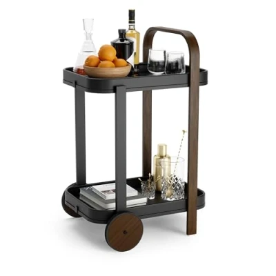 Image of Umbra Bellwood Bar Cart, Serving Trolley and Side Table with 2 Levels Removable Metal Trays, One Size, Black/Walnut