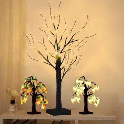 Image of White Twig Christmas Tree With Lights 24 Warm LEDs USB/Battery Operated Two Sets of Light Caps for Wedding Easter Halloween Decoration