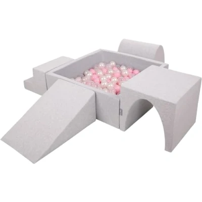 Image of KiddyMoon Foam Playground For Kids With Square Ballpit (200 Balls ∅ 7Cm/2.75In) Soft Obstacles Course And Ball Pool Made In EU, Lightgrey:Powderpink/Pearl/Transparent