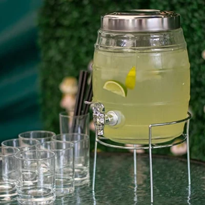 Image of bar@drinkstuff Barrel Beverage Dispenser with Stand 5ltr Drinks Dispenser, Glass Mason Jar