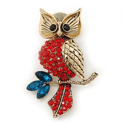 Image of Avalaya Hootin Red/Teal Crystal Owl Brooch in Antique Gold Metal 58mm Length
