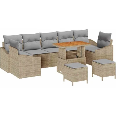 Image of vidaXL 10 Piece Garden Sofa Set with Cushions Beige Poly Rattan Acacia