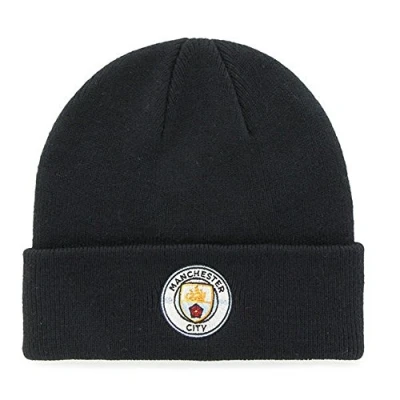 Image of Manchester City FC Adults Official Knitted Winter Football Crest Hat (One Size) (Navy)