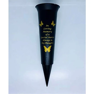 Image of In Loving Memory Verse Graveside Memorial Grave Spiked Flower Vase (Auntie, Black &amp; Gold)