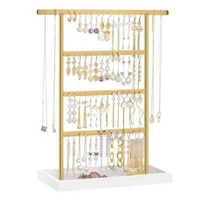 Image of SONGMICS Jewellery Stand, 4 Tier Earring Holder Stand with Tray, Organiser, Base for Studs Necklaces, Vintage, White and Gold Colour JJS019A01