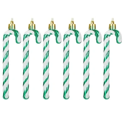Image of 6 PCS 13cm Christmas Candy Ornaments Hanging Tree Baubles, Glitter Cane for Xmas Party Home Decorations, Green + White