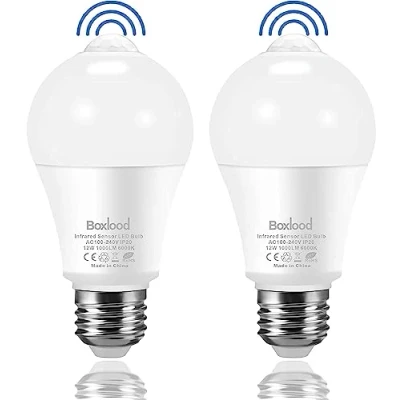 Image of Boxlood PIR Motion Sensor Light Bulbs, Dusk to Dawn LED 12W 100W Equivalent, 6000K Daylight, E27 Screw, Security Lighting for Front Door, Hallway, Basement, Staircase(2 Pack)