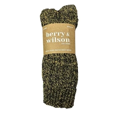 Image of Berry &amp; Wilson 2 Pairs Men’s Super Comfort Wool Boot Socks With Rib Leg Soft Grip Top (BLACK/YELLOW PORT)