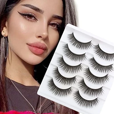 Image of Glowingwin False Eyelashes Natural Look Faux Mink Lashes Fluffy 5D Dramatic Fake Cosplay Wispies 5 Pairs Pack Strip Light Volume Short Eye