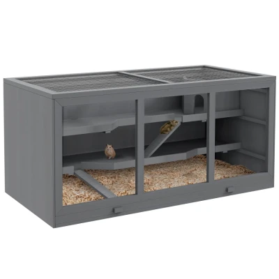 Image of PawHut Wooden Hamster Cage, Small Animals Hutch with Tray, Openable Top, Exercise Play House Pen, 115L x 57W 55Hcm, Grey