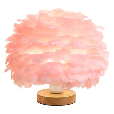 Image of Pink Feather Table Lamp Bedside with Wooden Base Light Desk Lampshade for Bedroom Lamp, Decorative Living Room