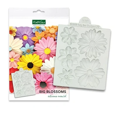 Image of Katy Sue Big Blossoms Silicone Mould for Cake Decorating &amp; Crafts Makes 5 Detailed Flower Heads from 45mm to 78mm Wide with Beautiful Petal Detail.