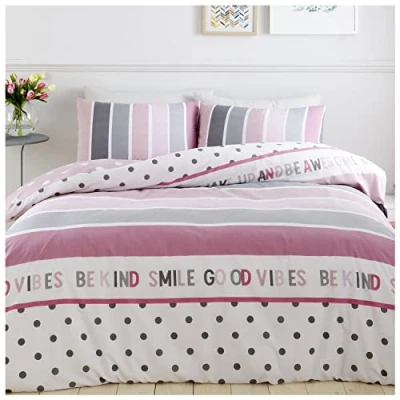 Image of GC GAVENO CAVAILIA Luxury Stripe Duvet Cover Double, Reversible Polka Dot Bedding Quilt Set With Pillow Cases, Blush Pink/Grey