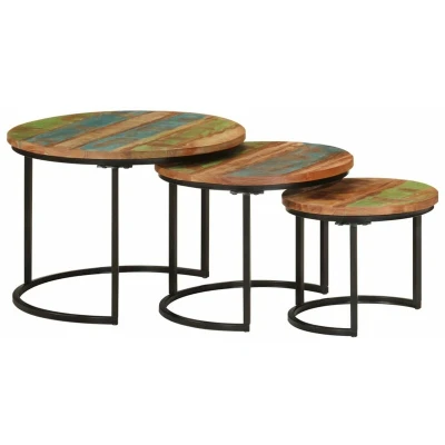 Image of vidaXL Nesting Tables Set of 3, Round Multicoloured Reclaimed Solid Wood Tables, Industrial Style Living Room Furniture, Bedroom Nightstand, Office Side Table
