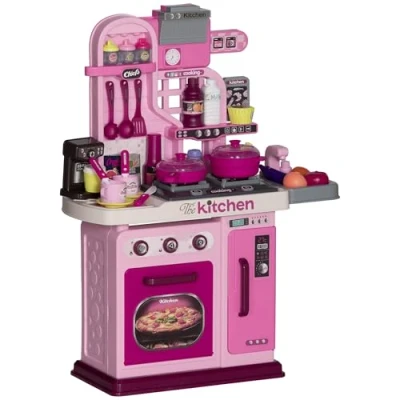 Image of AIYAPLAY Kids Kitchen, Toy Toddler Pretend Play Kitchen with 33 Piece Accessories, Lights, Sounds, Storage, for Children 3 6 Years, Pink